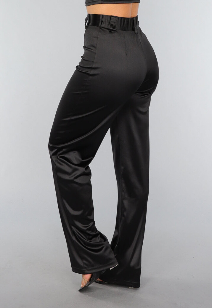 Zwarte Satijnen Straight Leg Stretch Pantalon