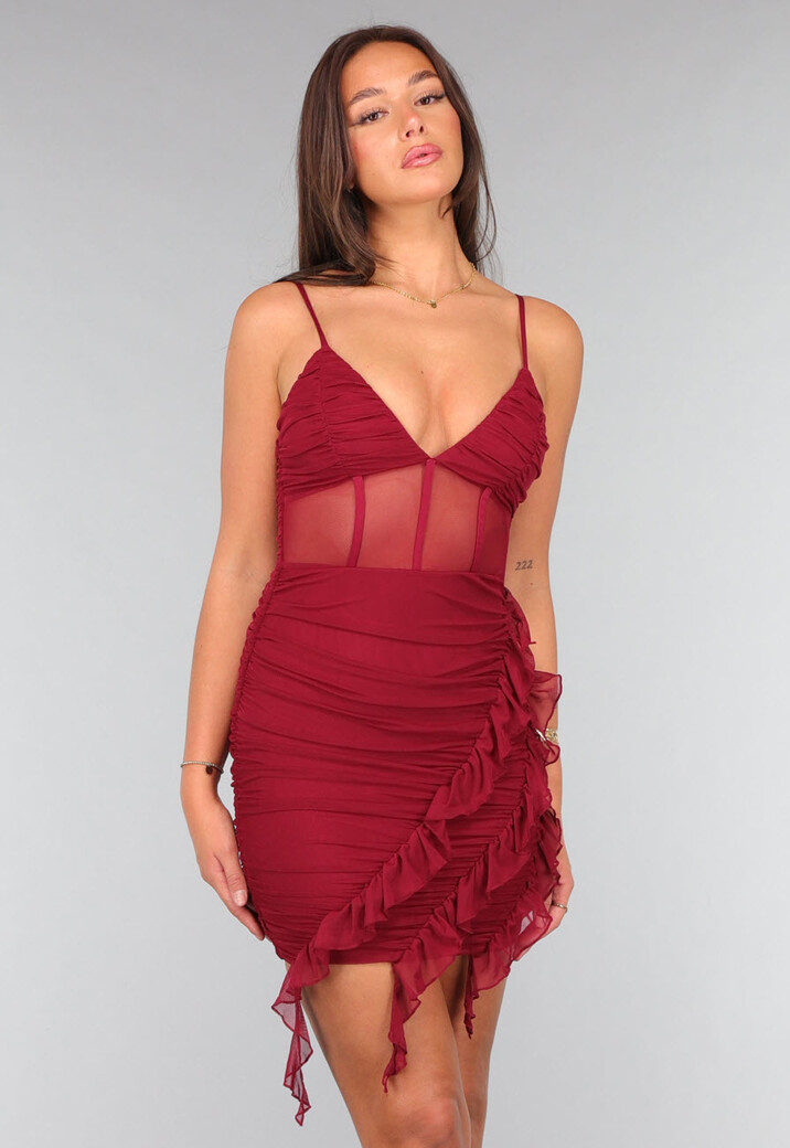 Wijnrode Mesh Korset Jurk met Ruches