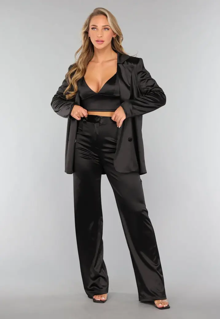Glanzend Blazer / Pantalon Pak Stretch Zwart