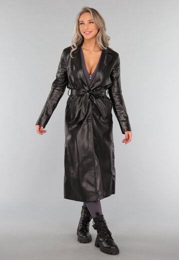 Zwarte Lederlook Trenchcoat met Tailleband