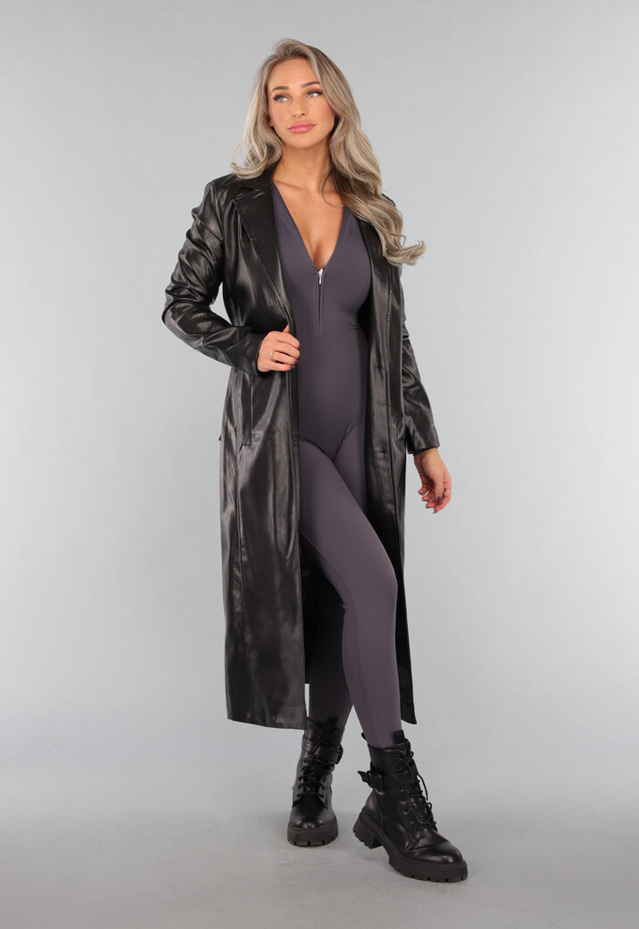 Zwarte Lederlook Trenchcoat met Tailleband