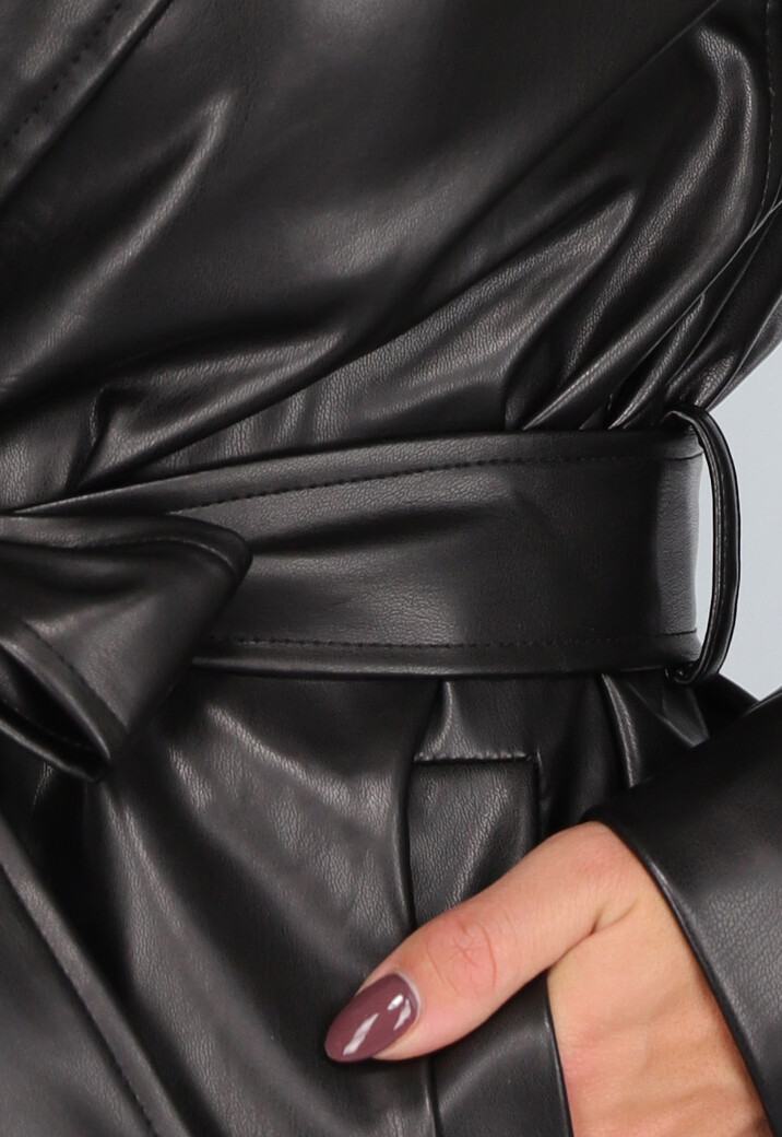 Zwarte Lederlook Trenchcoat met Tailleband