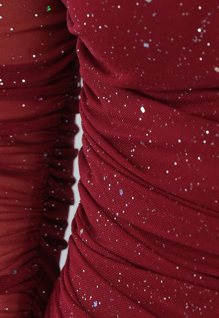 Bordeaux Rode Glitter Bodycon Jurk van Mesh