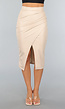 Beige Lederlook Midi Rok met Split