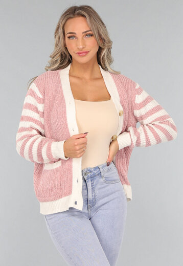 Oudroze Vest met Gestreepte Mouwen