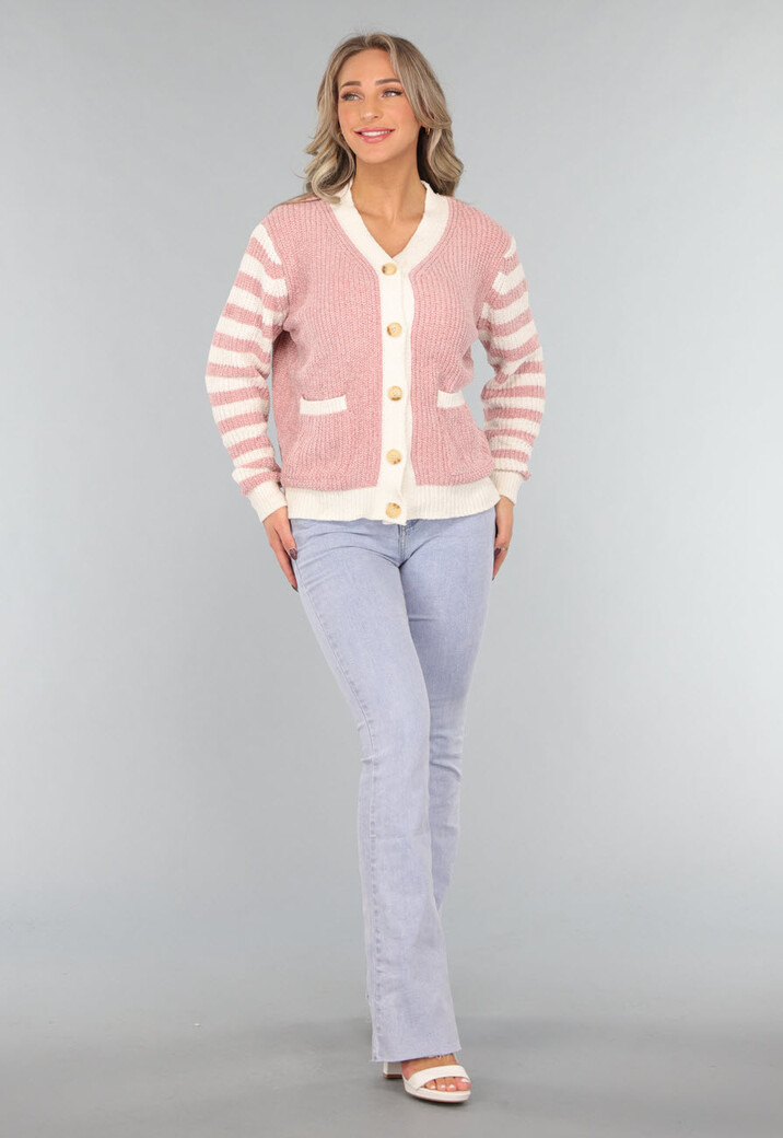 Oudroze Vest met Gestreepte Mouwen