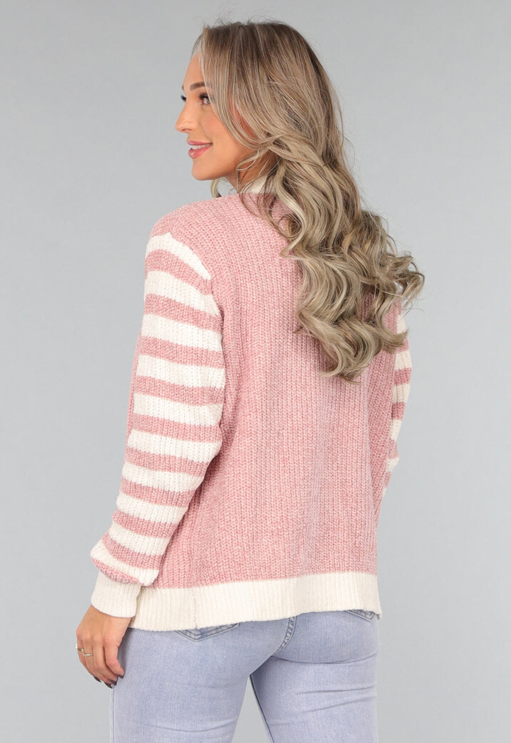 Oudroze Vest met Gestreepte Mouwen