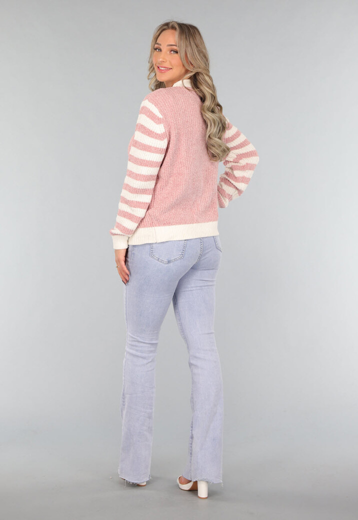 Oudroze Vest met Gestreepte Mouwen