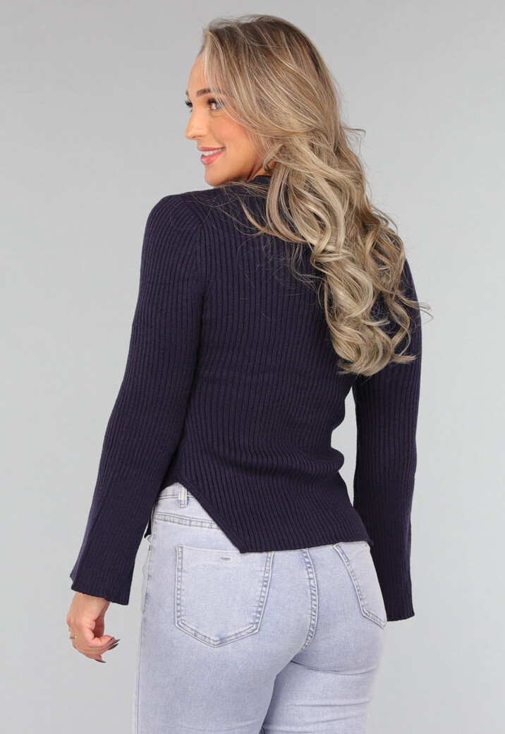 Navy Rib Trui met Wijde Mouwen