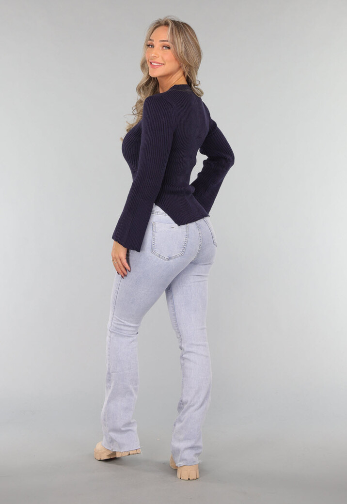 Navy Rib Trui met Wijde Mouwen