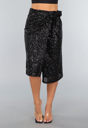 Sequin Midi Wikkelrok in Zwart