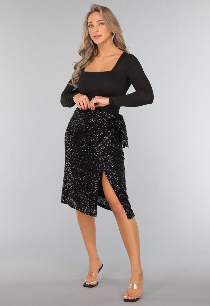 Sequin Midi Wikkelrok in Zwart