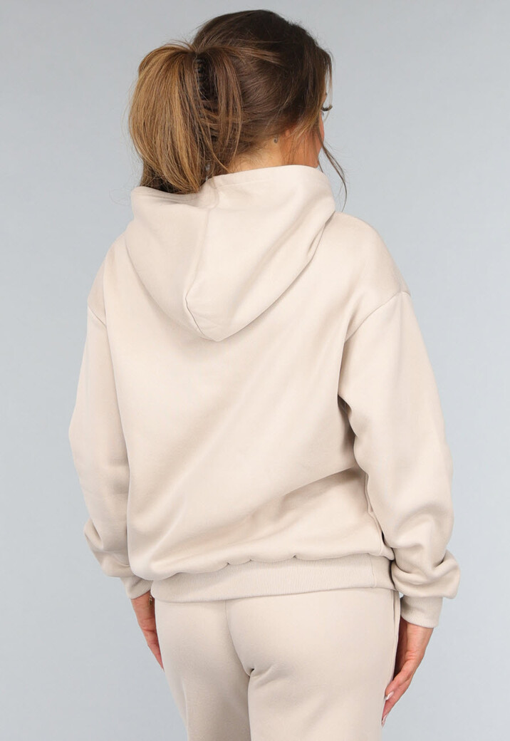 Beige Hoodie Set met Wijduitlopende Broek