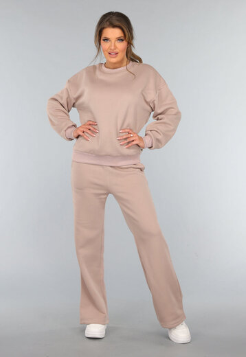 Taupe Joggingpak met Wijduitlopende Broek