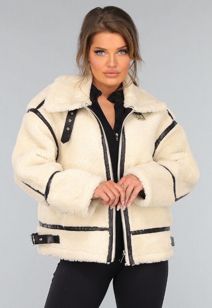 Ecru Teddy Jas met Zwarte Details