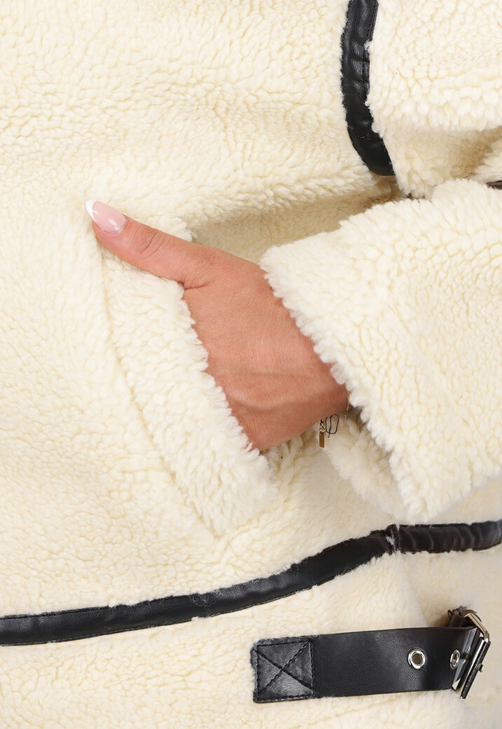 Ecru Teddy Jas met Zwarte Details