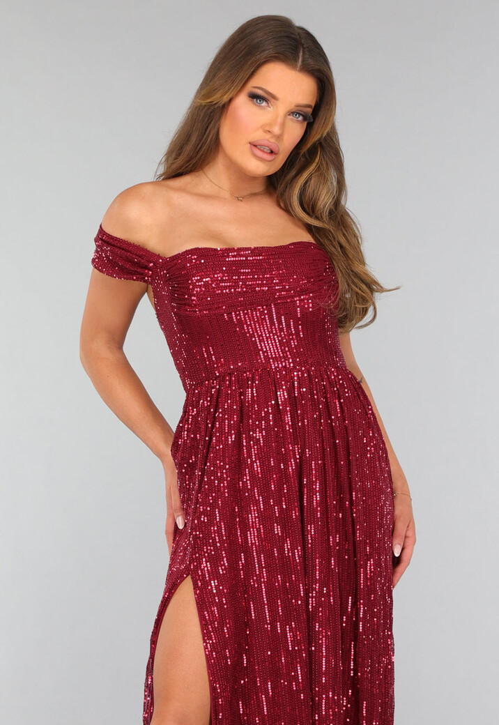 Bordeaux Rode Jurk met Schouder Detail
