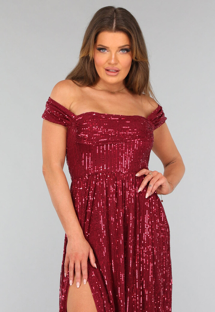 Bordeaux Rode Jurk met Schouder Detail