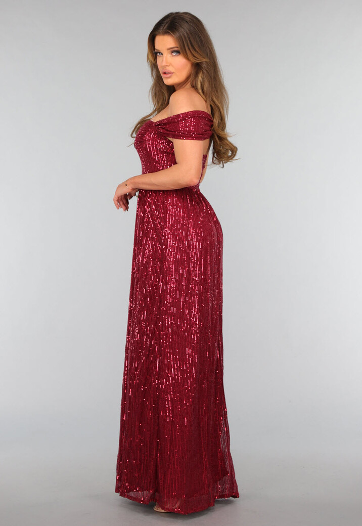 Bordeaux Rode Jurk met Schouder Detail