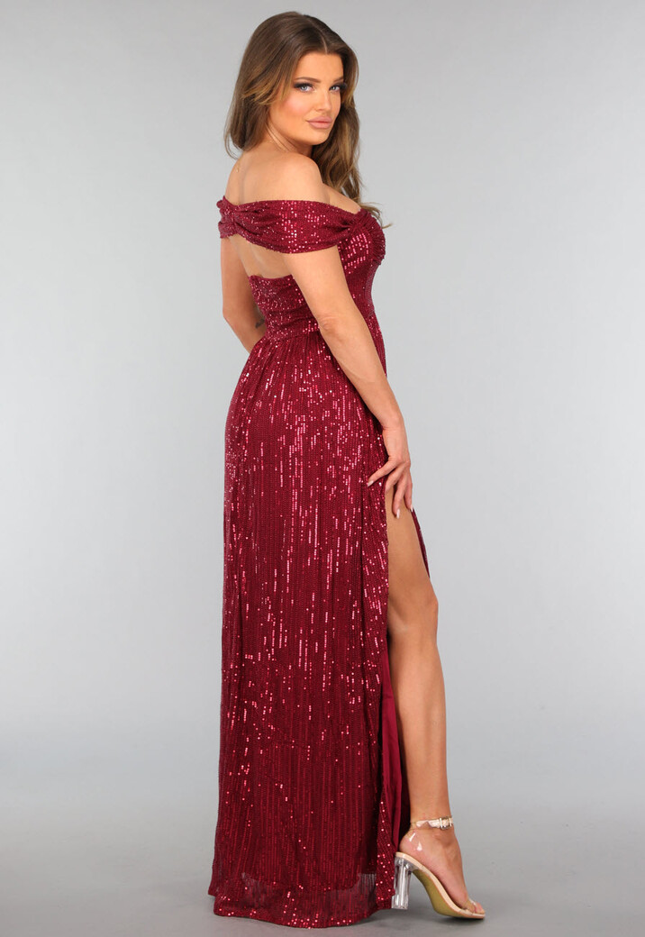 Bordeaux Rode Jurk met Schouder Detail