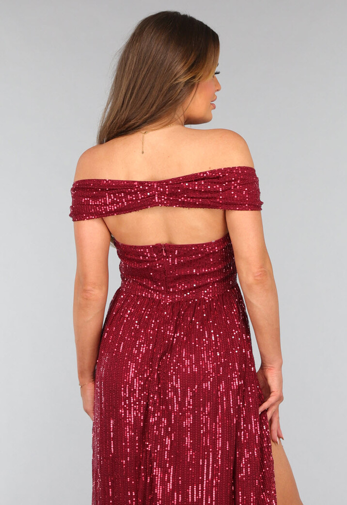 Bordeaux Rode Jurk met Schouder Detail