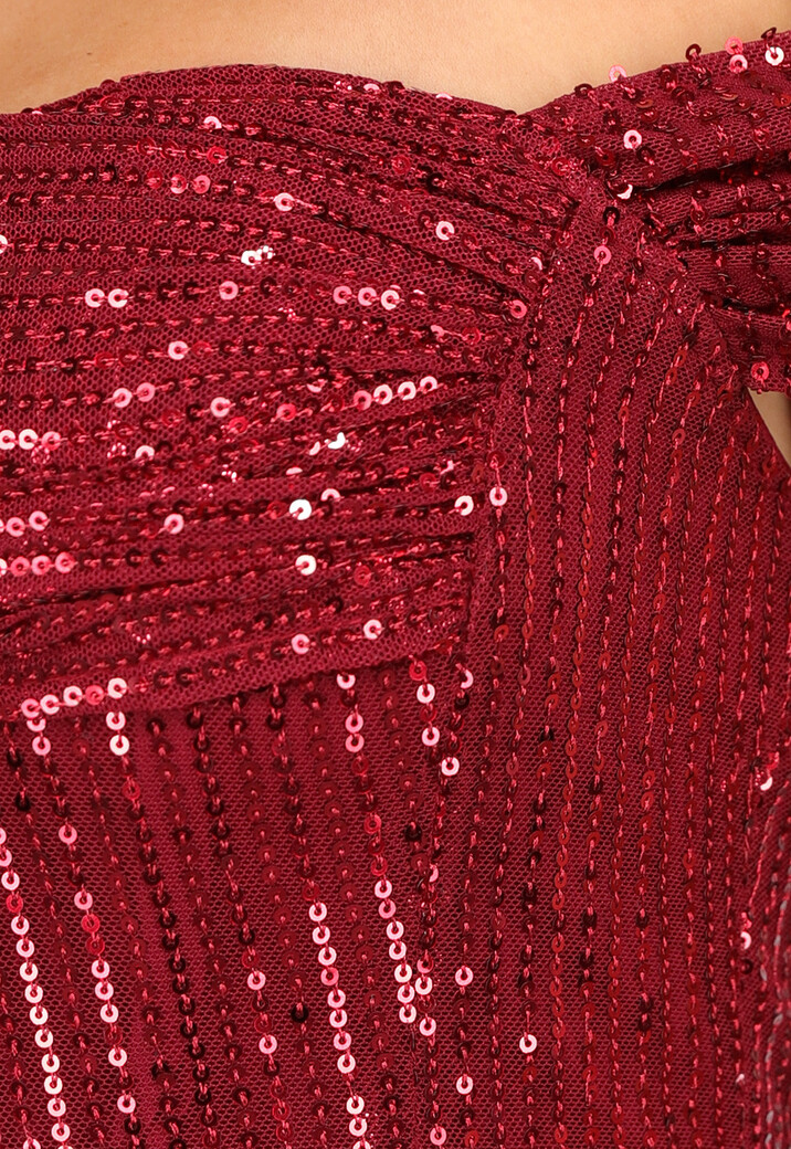 Bordeaux Rode Jurk met Schouder Detail