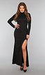 Zwarte Maxi Jurk met Hoge Col en Split