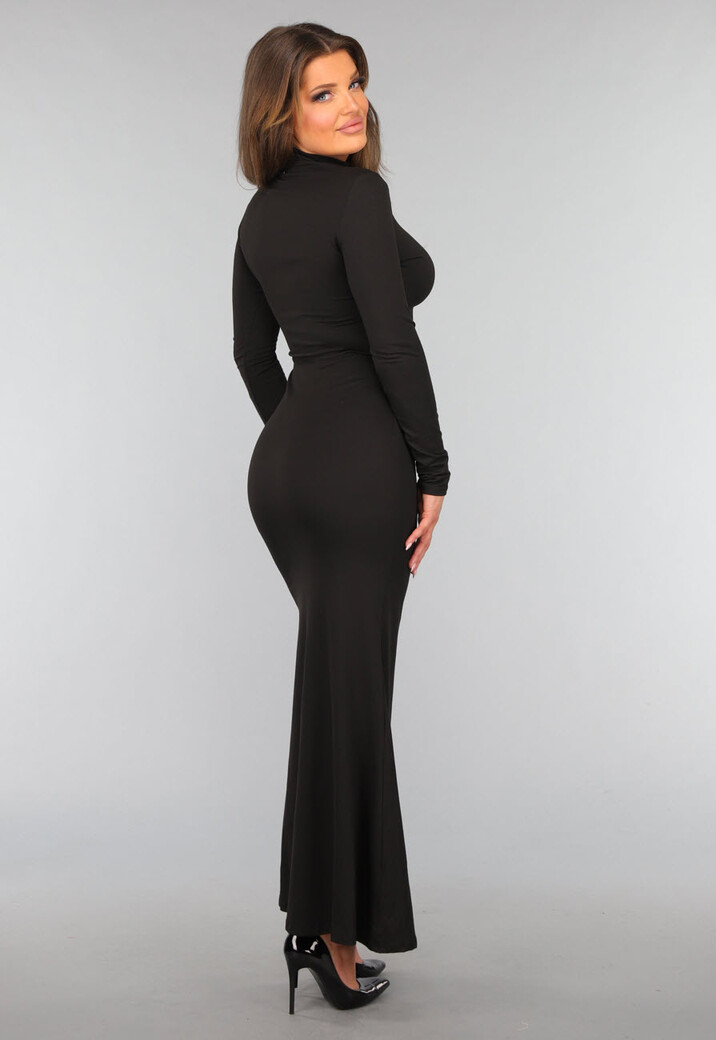 Zwarte Maxi Jurk met Hoge Col en Split