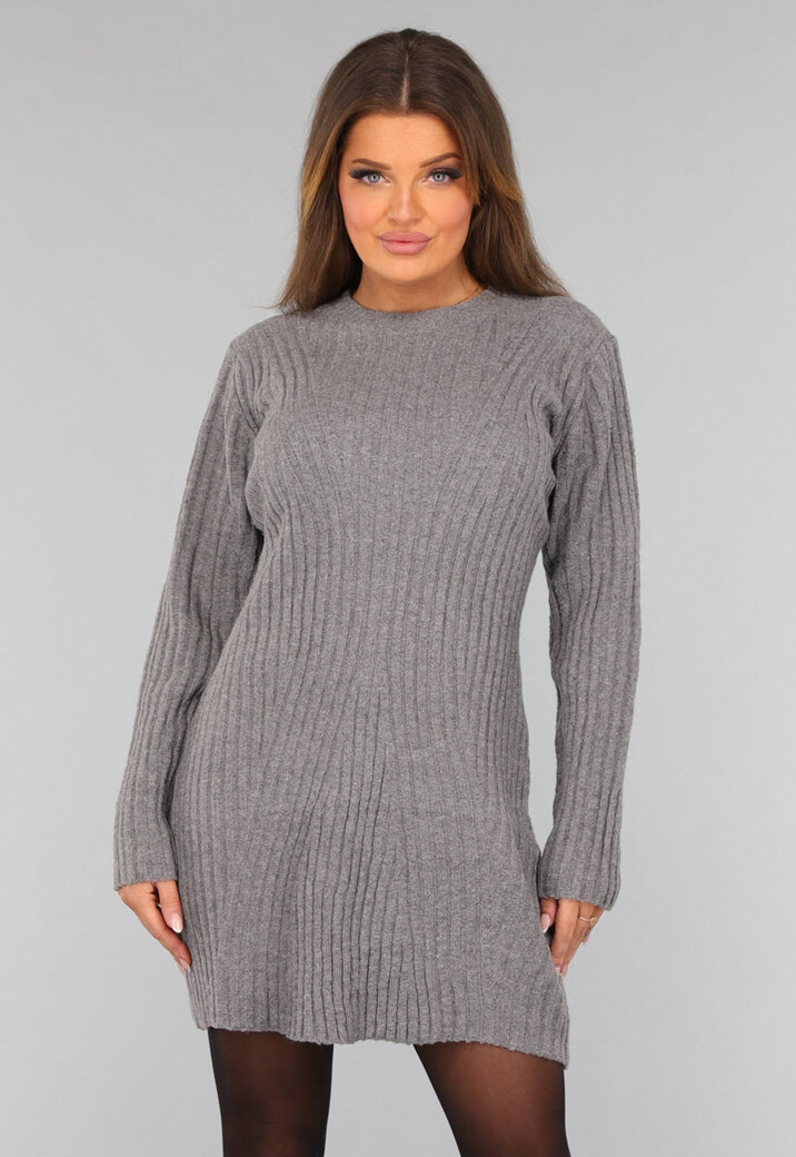 Grijze Gebreide Ribjurk met Lange Mouwen