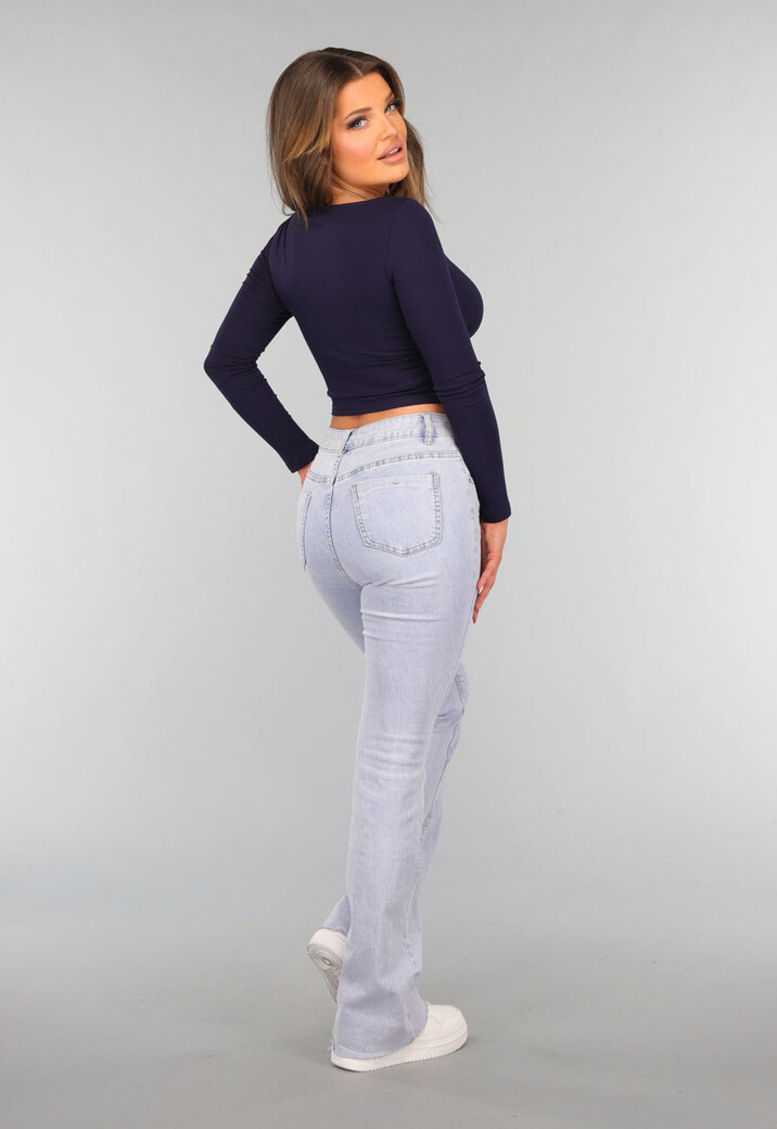 Navy Top met Lange Mouwen en Plooien