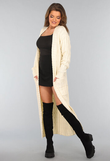 Lange Beige Gebreide Cardigan met Zakken