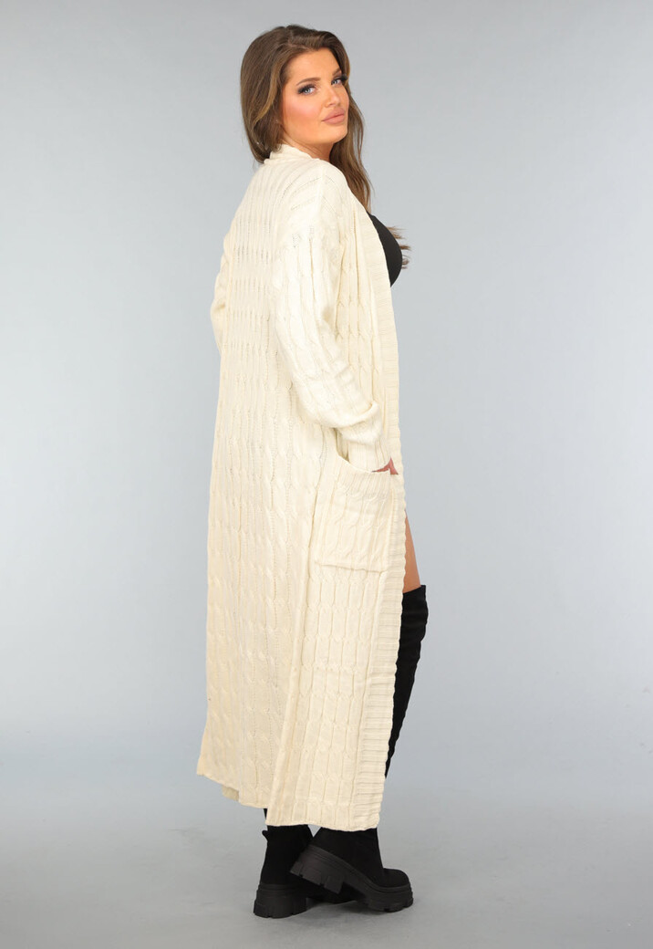 Lange Beige Gebreide Cardigan met Zakken