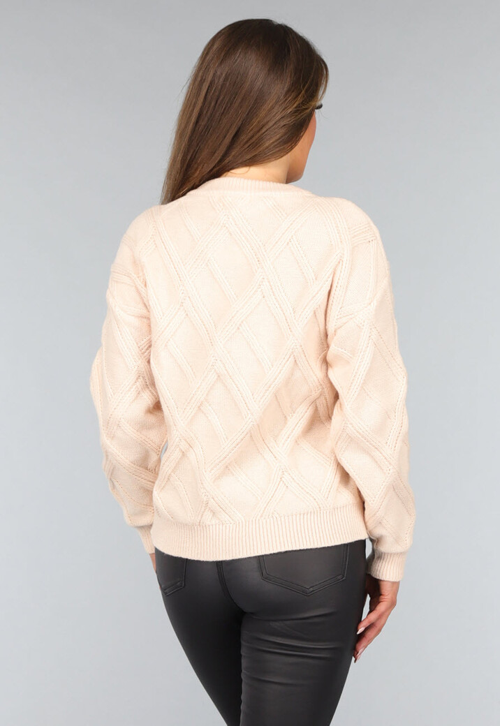 Beige Gebreide Trui met Ruit Motief