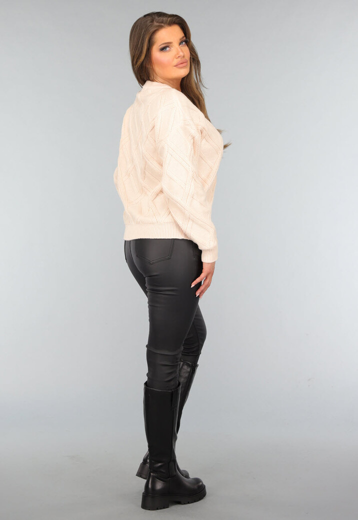 Beige Gebreide Trui met Ruit Motief