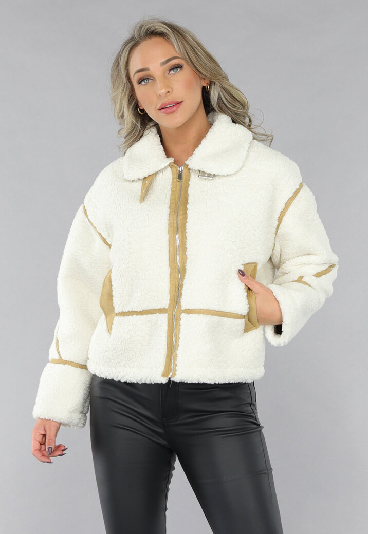 Ecru Teddy Jas met Suède Camel Details
