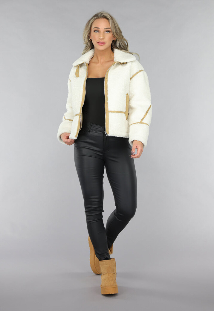 Ecru Teddy Jas met Suède Camel Details