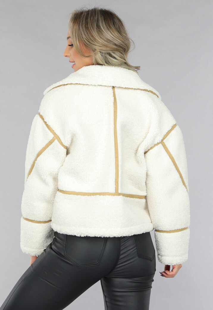 Ecru Teddy Jas met Suède Camel Details
