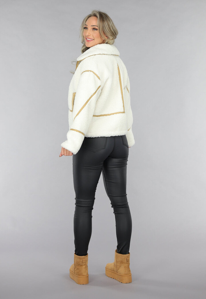 Ecru Teddy Jas met Suède Camel Details