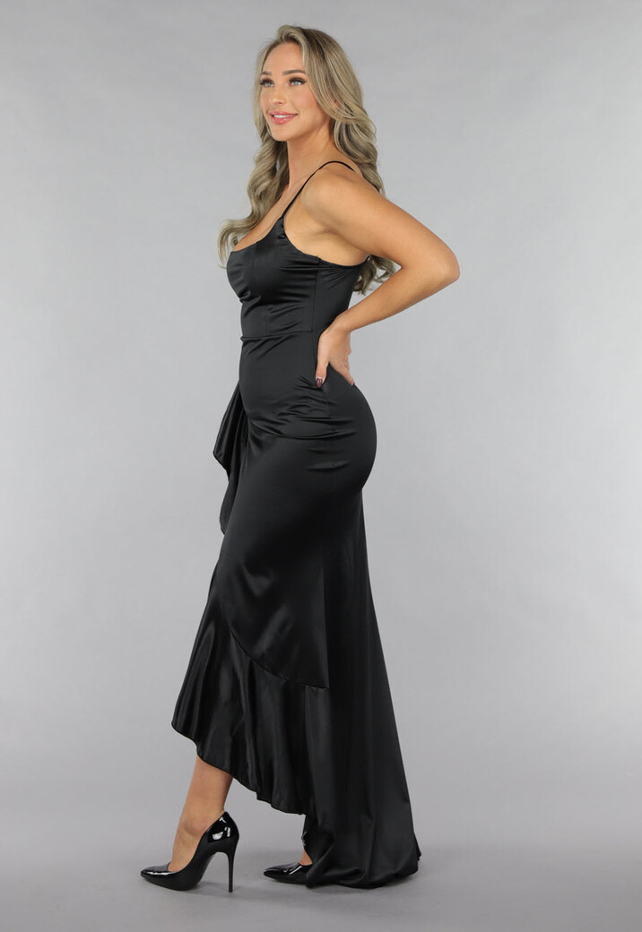 Zwarte Ruffle Avondjurk in Zwart Satin