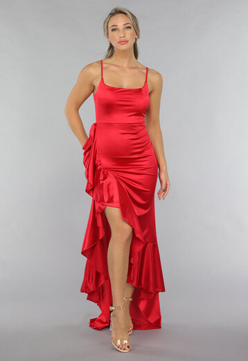 Lange Satijnen Rode Ruffle Jurk