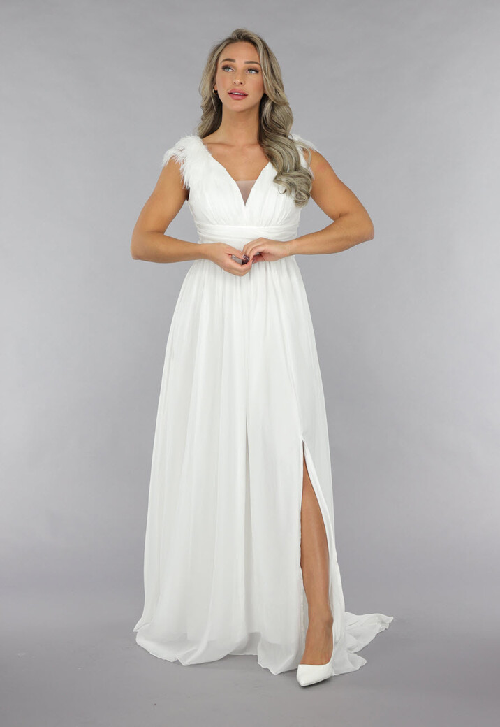 Lange Witte Chiffon Jurk met Veren Details