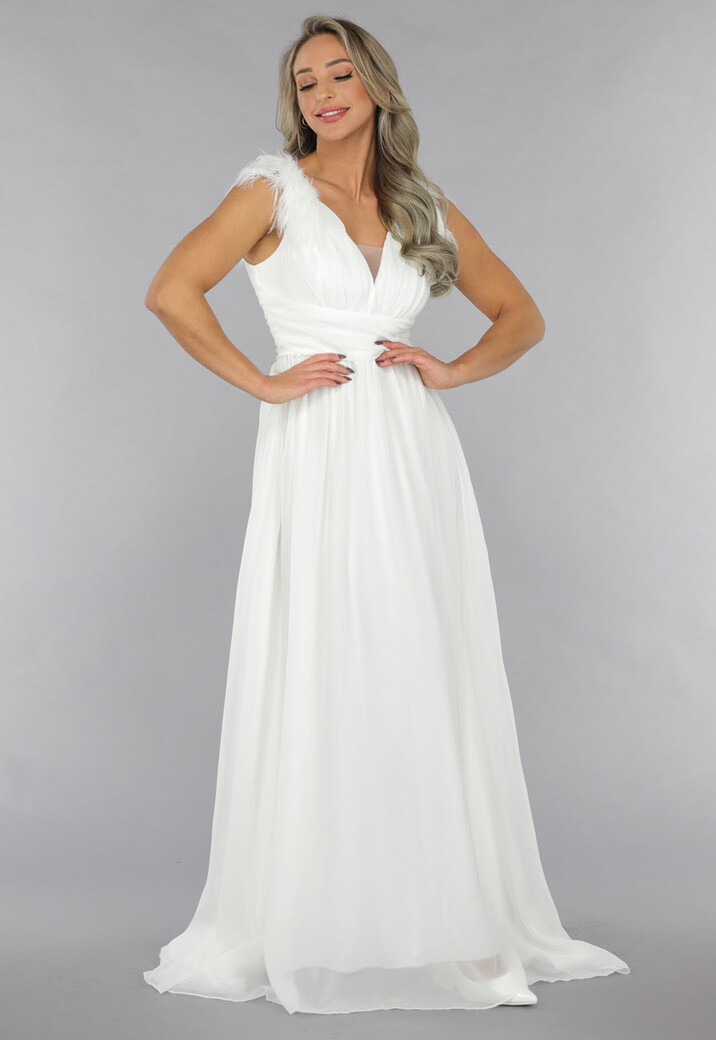Lange Witte Chiffon Jurk met Veren Details