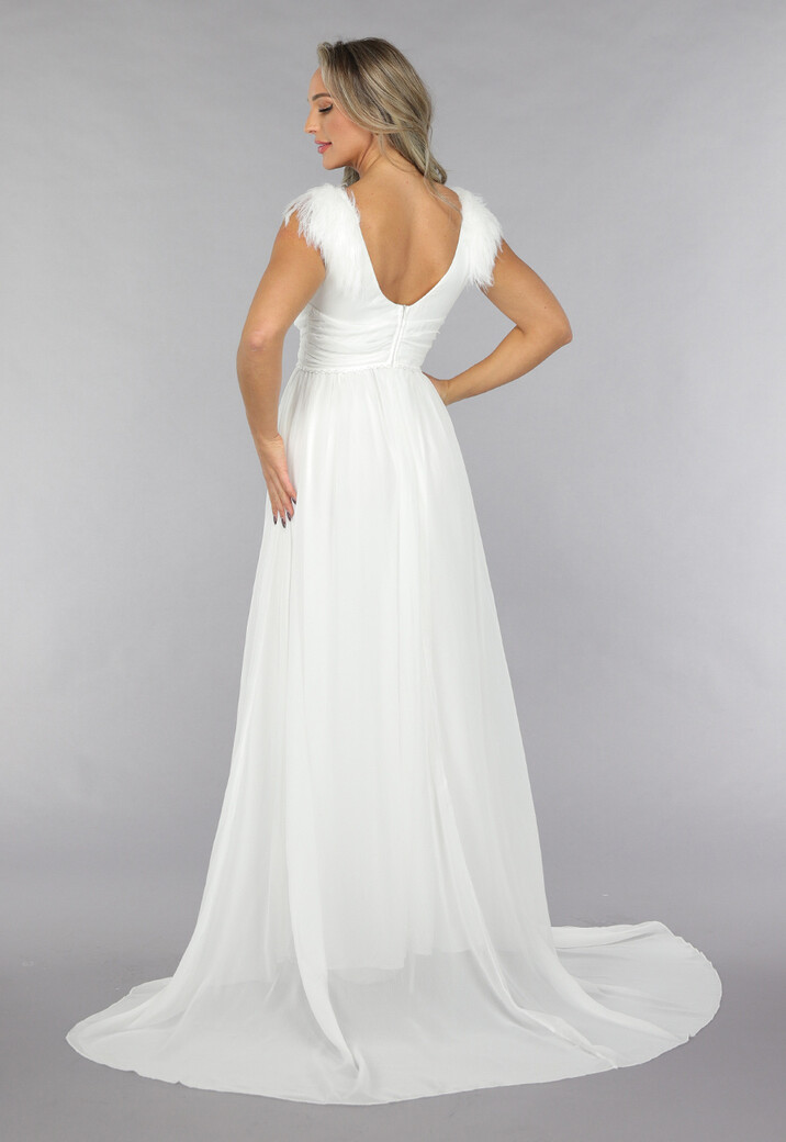 Lange Witte Chiffon Jurk met Veren Details