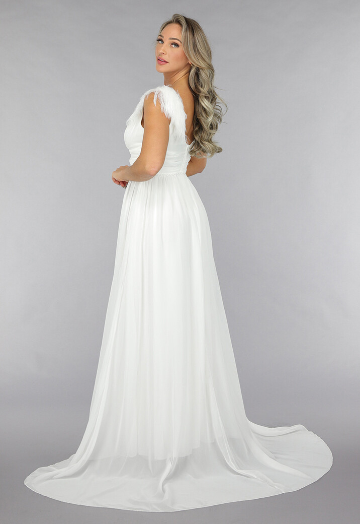 Lange Witte Chiffon Jurk met Veren Details