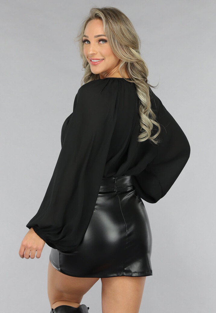 Zwarte Chiffon Blouse met Pofmouwen
