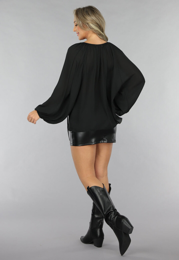 Zwarte Chiffon Blouse met Pofmouwen