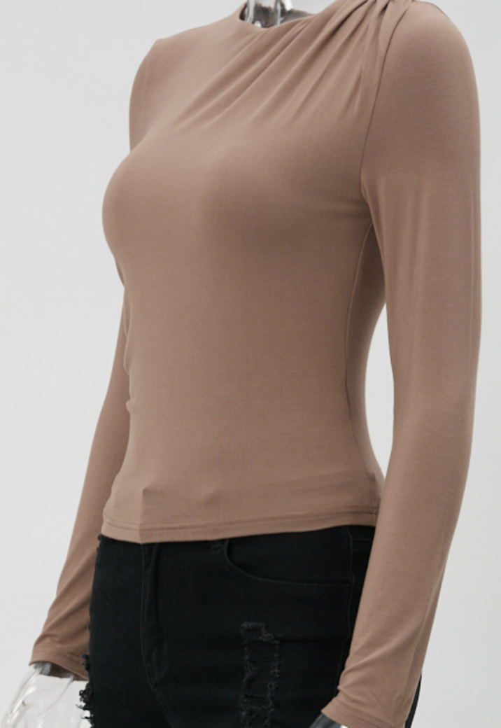 Taupe Topje met Gedrapeerde Hals