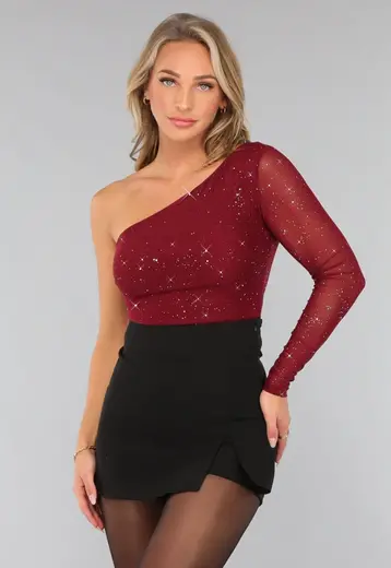 Burgundy One Sleeve Glitter Top