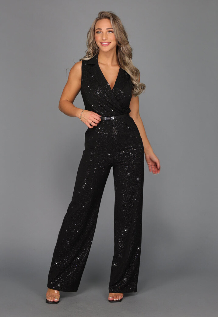 Zwarte Straight Leg Glitter Jumpsuit met Riempje