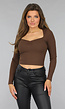 Bruine Ribstof Top met Scrunch Hals